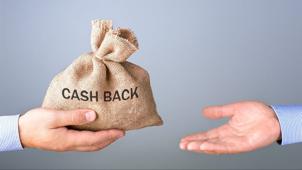 Mans hand holding, giving bag with cash bag. Cash back or money refund concept.