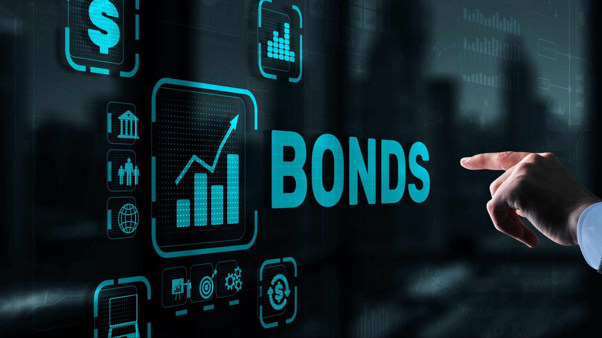 Businessman clicks a bonds virtual screen. Bond Finance Banking Technology concept. Trade Market Network.