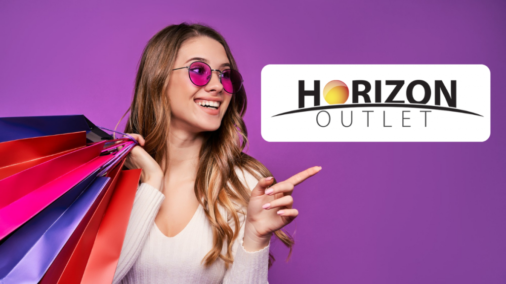 Young woman with shop bags pointing to horizon outlet