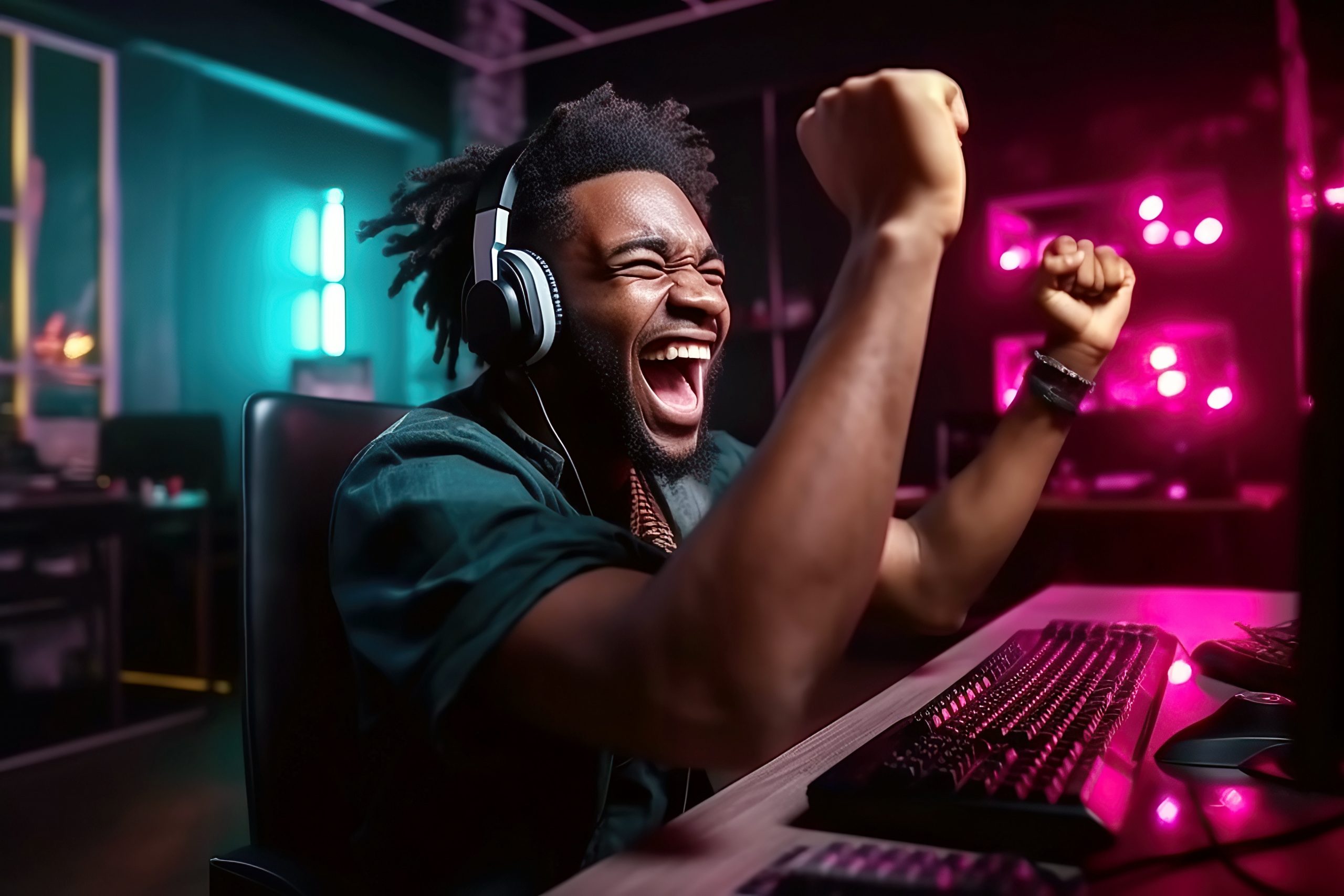 black happy male player behind a computer monitor is happy to win the cybersports games competition. Generative AI