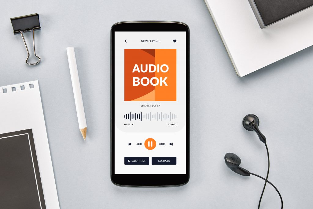 Audio book app concept on smartphone screen